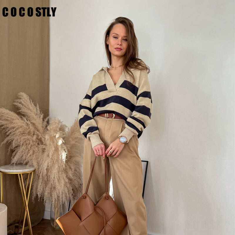 2022 Office Lady Striped V Neck Wool Women Sweaters Polo Shirt Long Sleeve Oversized Casual Wool Pullovers Female Sweaters