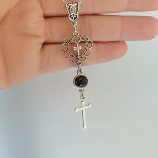 New Cross Necklace, Pendant, Onyx, Black, Stone, Heart, Cross, Goth, Gothic Necklaces for Women
