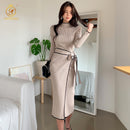 SMTHMA 2022 New Autumn Winter Korean Style Temperament Dress Ladies Slim Waist Lace-Up Knitted Mid-Length Sweater Dress Vestidos