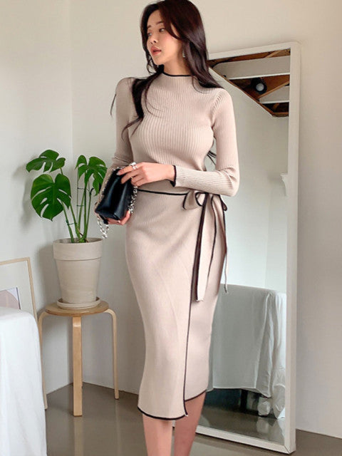 SMTHMA 2022 New Autumn Winter Korean Style Temperament Dress Ladies Slim Waist Lace-Up Knitted Mid-Length Sweater Dress Vestidos