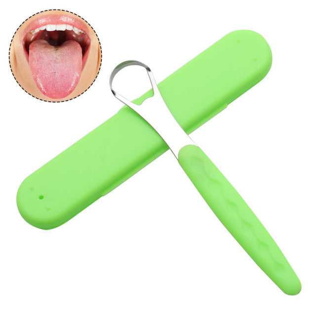 Portable Tongue Cleaner Tongue Scraper Reusable Stainless Steel Oral Mouth Brush travel case Black/Blue/Green Non-slip handle