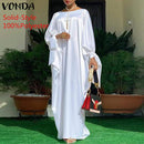 Women Kaftan Dress 2022 VONDA Summer Vintage Leopard Print Party Long Maxi Dress Casual Long Sleeve Pleated Robe Beach Vestidos