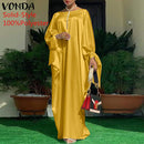 Women Kaftan Dress 2022 VONDA Summer Vintage Leopard Print Party Long Maxi Dress Casual Long Sleeve Pleated Robe Beach Vestidos
