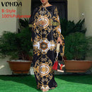 Women Kaftan Dress 2022 VONDA Summer Vintage Leopard Print Party Long Maxi Dress Casual Long Sleeve Pleated Robe Beach Vestidos