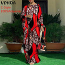 Women Kaftan Dress 2022 VONDA Summer Vintage Leopard Print Party Long Maxi Dress Casual Long Sleeve Pleated Robe Beach Vestidos