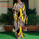 Women Kaftan Dress 2022 VONDA Summer Vintage Leopard Print Party Long Maxi Dress Casual Long Sleeve Pleated Robe Beach Vestidos