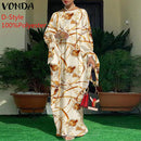 Women Kaftan Dress 2022 VONDA Summer Vintage Leopard Print Party Long Maxi Dress Casual Long Sleeve Pleated Robe Beach Vestidos