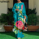 Women Kaftan Dress 2022 VONDA Summer Vintage Leopard Print Party Long Maxi Dress Casual Long Sleeve Pleated Robe Beach Vestidos