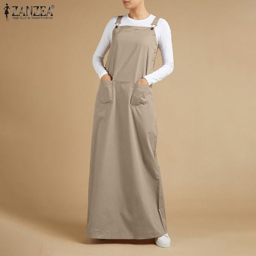 ZANZEA 2022 Women's Summer Sundress Elegant Overalls Dress Solid Suspenders Vestidos Female Square Neck Buckle Robe  7
