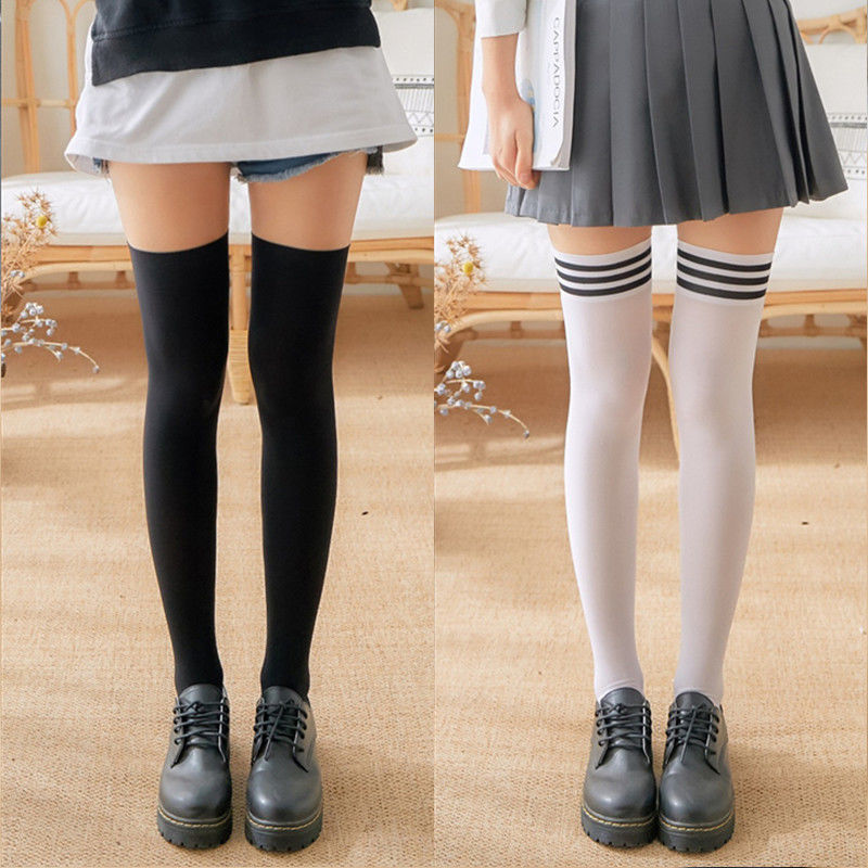 Nuevos Medias sexis a rayas blancas y negras, calcetines largos para mujer, terciopelo por encima de la rodilla, Medias altas hasta el muslo, disfraces de Cosplay de Lolita de Anime para chicas