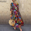 2022 Otoño Verano ZANZEA vestido plisado mujer Vintage Vestidos bata estampado largo Maxi Vestidos mujer 3/4 manga túnica