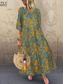 2022 Otoño Verano ZANZEA vestido plisado mujer Vintage Vestidos bata estampado largo Maxi Vestidos mujer 3/4 manga túnica