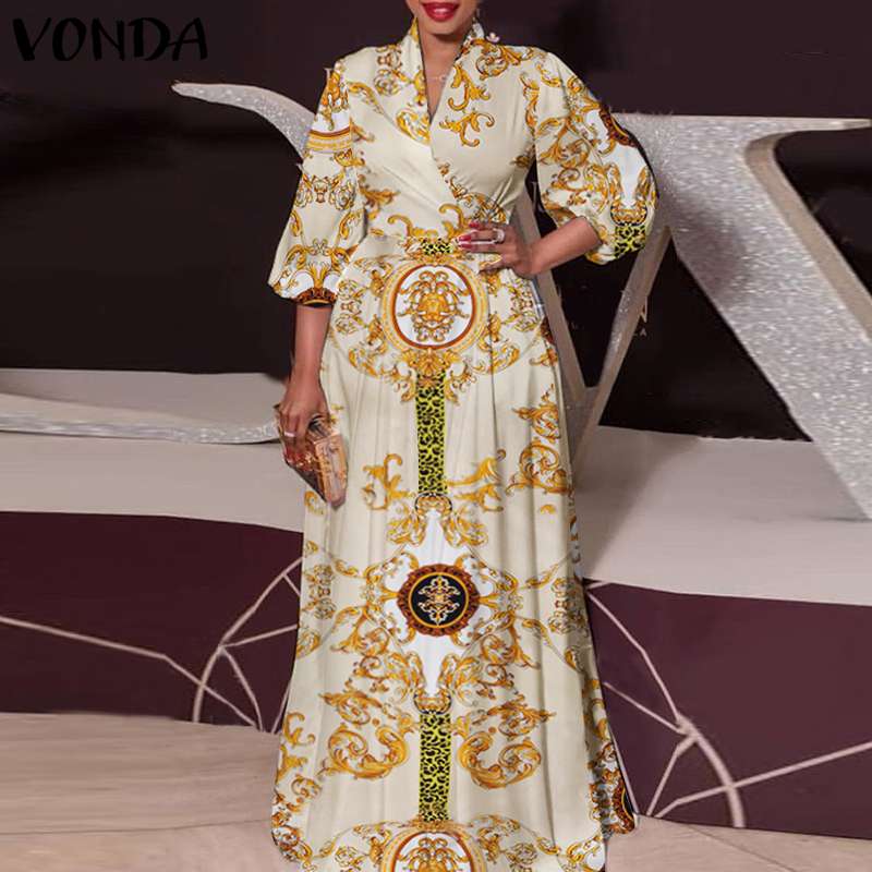 Frühlingsfestkleid 2022 VONDA Damen Vintage bedruckt Maxi langes Kleid Casual Vestido Casual Robe Femme Holiday Sommerkleid Übergroß