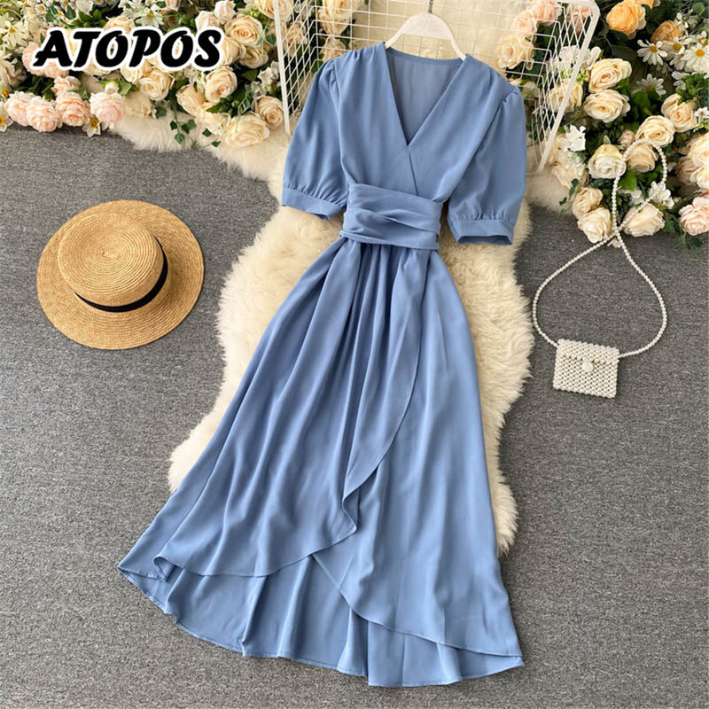 Atopos Women Summer Midi Dress 2022 Sweet Elegant Woman Party Dresses V Neck Puff Sleeve Sundress Vestidos Robe Female Clothing