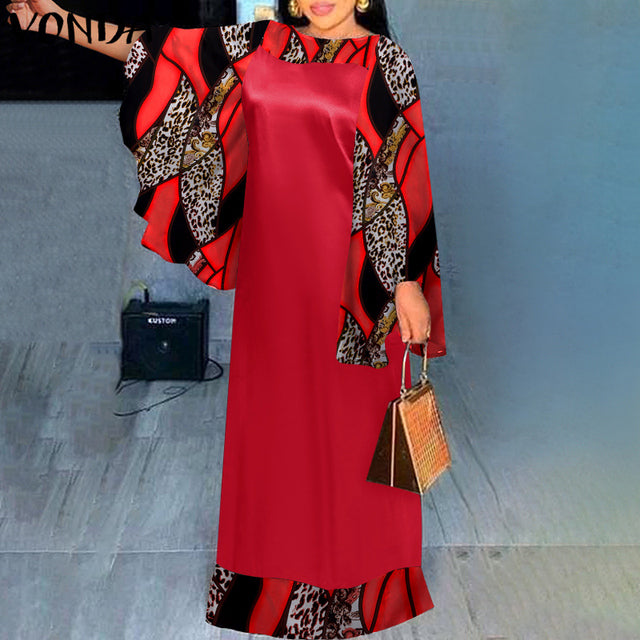 Elegant Evening Party Dress Women Leopard Print Patchwork Maxi Dress 2022 VONDA  Long Flare Sleeve Casual Robe Bohemian Vestidos