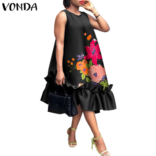 Women Elegant Midi Dress Summer Party Long Dresses 2022 VONDA  Sexy Sleeveless Fashion Beach Floral Print Ruffled Tank Vestidos