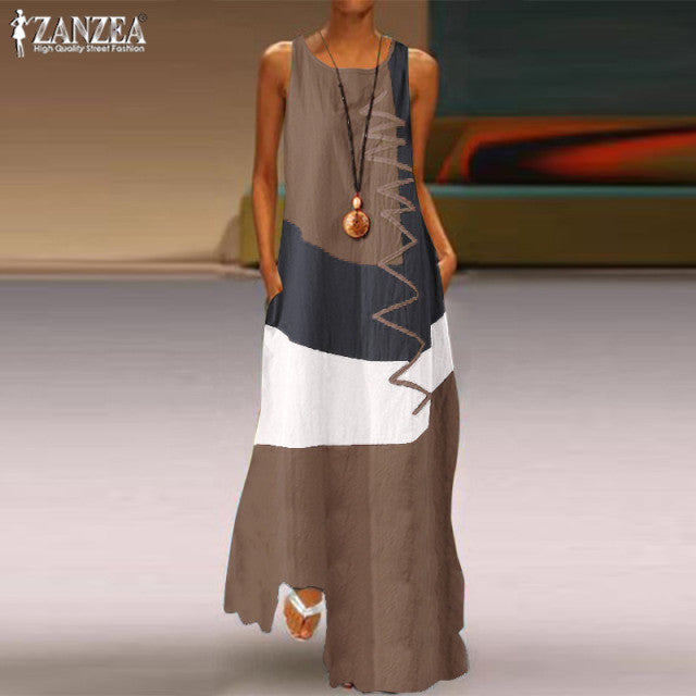 ZANZEA 2022 Womens Autumn Sundress Stitching Maxi Dress Casual Long Sleeve Tunic Vestidos Female Cotton Linen Robe