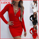 Women Spring Summer Elegant Dress Sexy Zipper Deep V-neck Solid Bodycon Pencil Party Vestido Mini Dress Female Casual Clothing