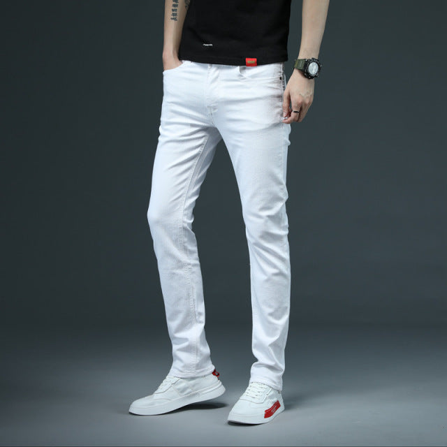 ¡Novedad de 2022! Pantalones vaqueros blancos ajustados para hombre, pantalones vaqueros ajustados de algodón elástico informales a la moda, ropa de marca para hombre, negro, gris, caqui