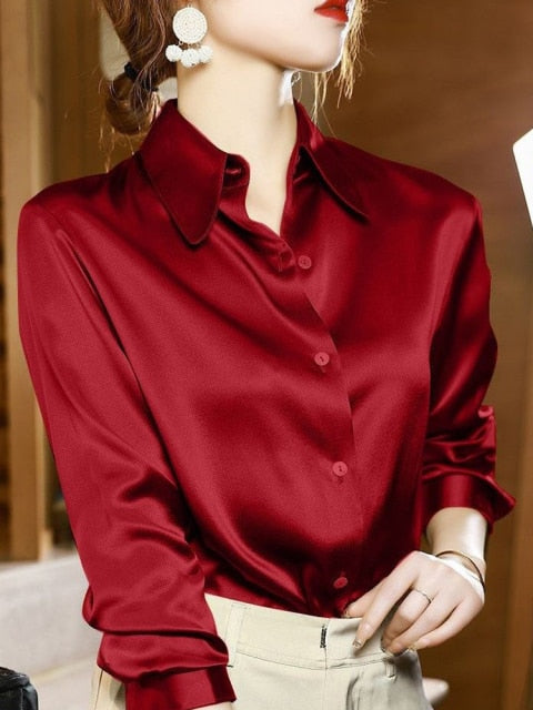 Women 2022 Spring Autumn Fashion Button Up Satin Silk Shirt Vintage Blouse Female Long Sleeves Tops Ladies Loose Shirts
