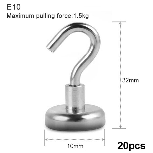 20PCS Magnetic Hook Neodymium Magnet E10/12/16/20 Electroplating Metal Strong Hook Thick Wall Hook for Home Kitchen Organization