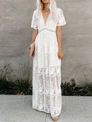 Jastie 2022 Summer Boho Women Maxi Dress Loose Embroidery White Lace long Tunic Beach Dress Vacation Holiday Women Clothing