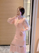 JSXDHK 2022 New Runway Designer Women Black Long Dress Elegant Spring Chiffon Patchwork Lace V Neck Lantern Sleeve Pleated Dress