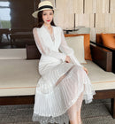 JSXDHK 2022 New Runway Designer Women Black Long Dress Elegant Spring Chiffon Patchwork Lace V Neck Lantern Sleeve Pleated Dress