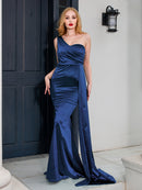 One Shoulder Padded Sexy Satin Maxi Dress Women&