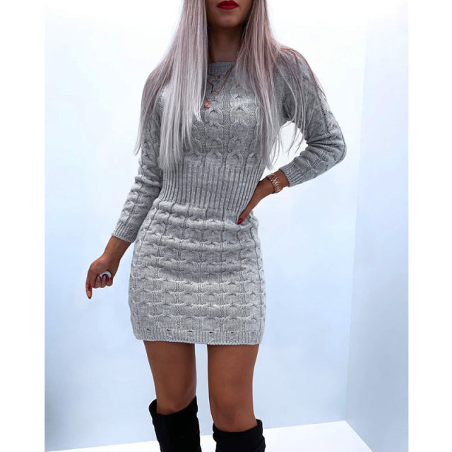 Elegant Solid Color Knitted Mini Dress for Women Hollow Out Design O-Neck Long Sleeve Mid Waist Slim Pullovers Pencil Dress