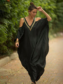 2022 Sexy Cold Shoulder V Neck Bats Sleeve Loose Summer Beach Dress Tallas grandes Mujeres Beachwear Kaftan Black Dress Q943