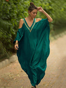 2022 Sexy Cold Shoulder V Neck Bats Sleeve Loose Summer Beach Dress Tallas grandes Mujeres Beachwear Kaftan Black Dress Q943