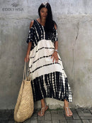 2022 Sexy Cold Shoulder V Neck Bats Sleeve Loose Summer Beach Dress Tallas grandes Mujeres Beachwear Kaftan Black Dress Q943