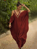 2022 Sexy Cold Shoulder V Neck Bats Sleeve Loose Summer Beach Dress Tallas grandes Mujeres Beachwear Kaftan Black Dress Q943