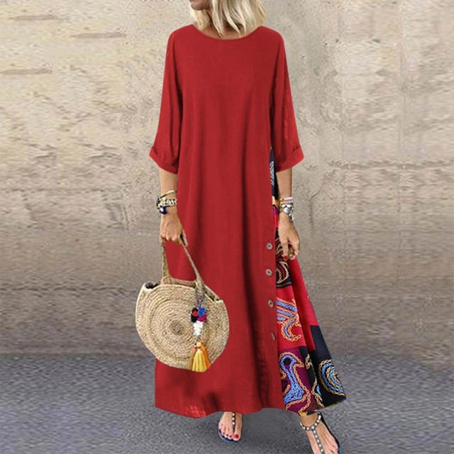 Damen Vintage Maxikleid Sommer Solid O Neck Stitching Printed 3/4 Sleeve Side Buttons Kleider Loose Casual Long Dress Plus Size