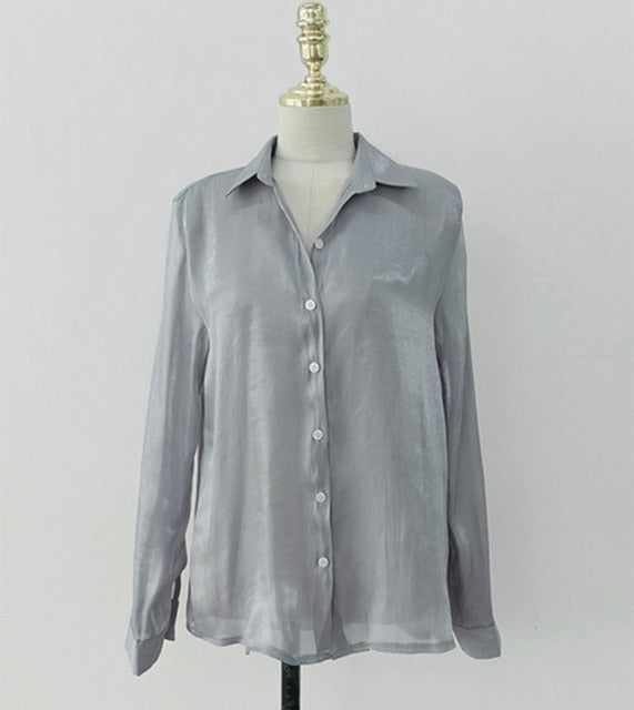 Button Up Satin Silk Shirt Vintage Autumn Fashion Blouse Women White Lady Long Sleeves Female Korean Loose Street Shirts 11971