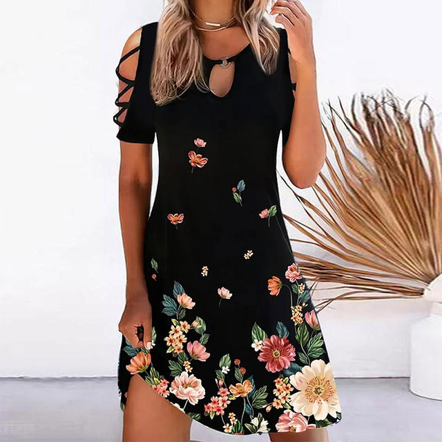 Women Floral Print Party Dresses Sexy Summer Short Sleeve O-Neck Mini Dress For Ladies 2022 Hollow Out Design Elegant Dress