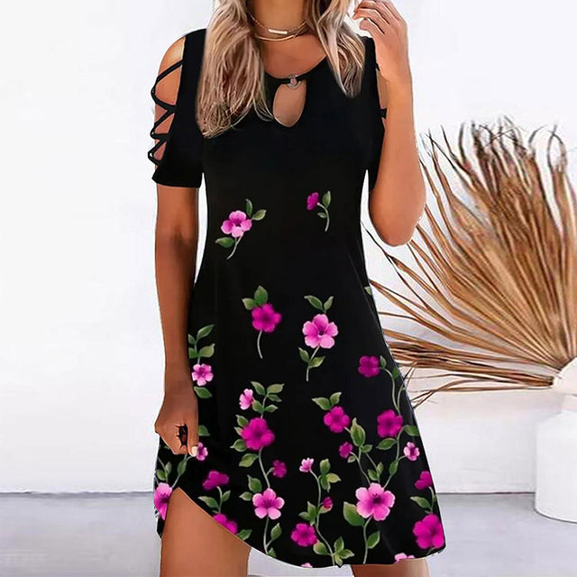 Women Floral Print Party Dresses Sexy Summer Short Sleeve O-Neck Mini Dress For Ladies 2022 Hollow Out Design Elegant Dress