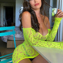 Sexy Women Dress Perspective Mesh Hollow Out Long Sleeves Sling Dress High Spaghetti Strap Club Party Dress Vestido Mini Dress