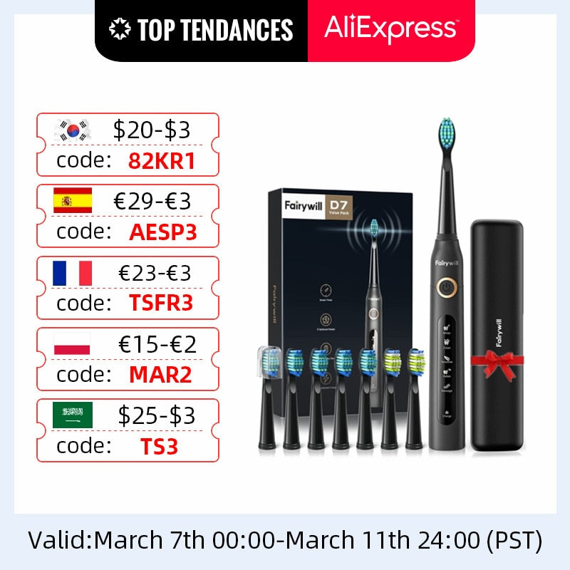 Fairywill Electric Sonic Toothbrush FW-507 USB Charge Rechargeable Adult Waterproof Electronic Tooth 8 Brushes Replacement Heads