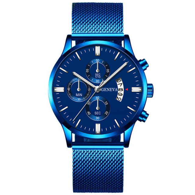 2022 relojes de calendario de negocios de moda para hombres, reloj de cuarzo analógico con correa de malla de acero inoxidable azul de lujo para hombres, reloj masculino