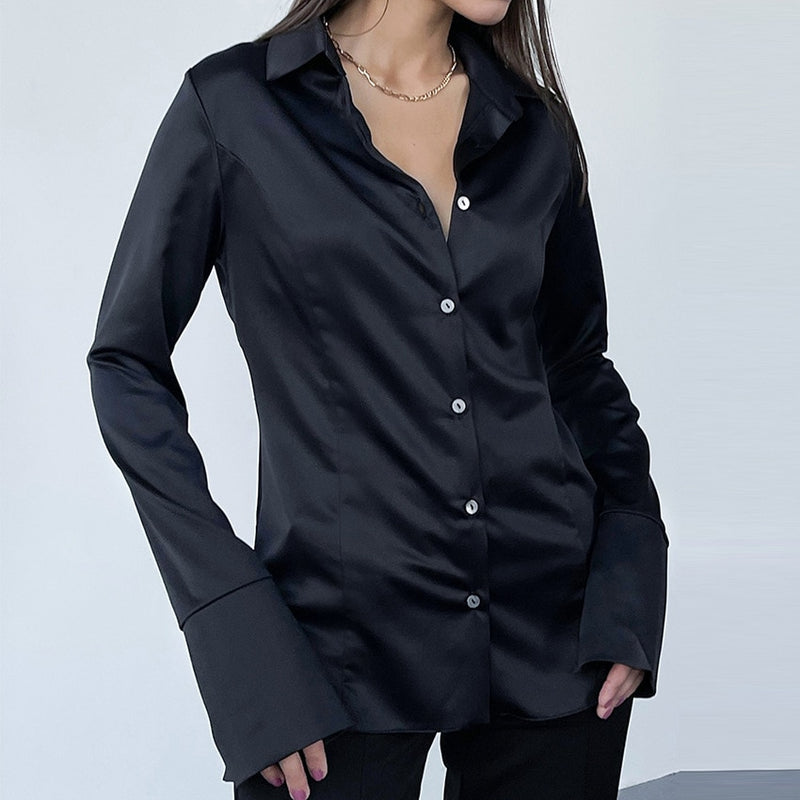 High Quality Autumn Fashion Button Up Satin Silk Shirt Vintage Blouse Women Black Long Sleeves Female Street Shirts Office Lady
