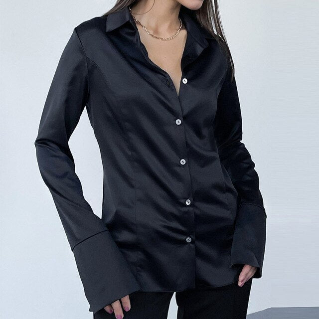 Camisa de seda satinada con botones a la moda de otoño de alta calidad, blusa Vintage para mujer, camisas de calle negras de manga larga para mujer, camisas de oficina para mujer
