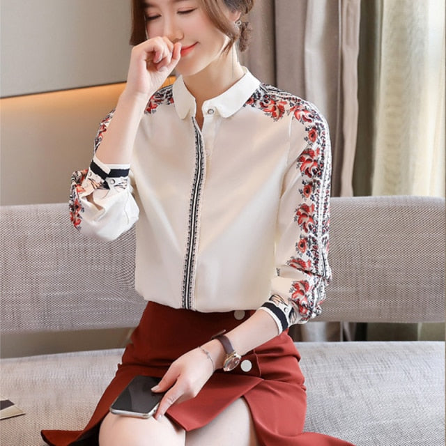 Neue Mode Druck Satin Frauen Hemd Büro Langarm Button Up Bluse Vintage Blumenseide Weibliche Kleidung Blusas 16521