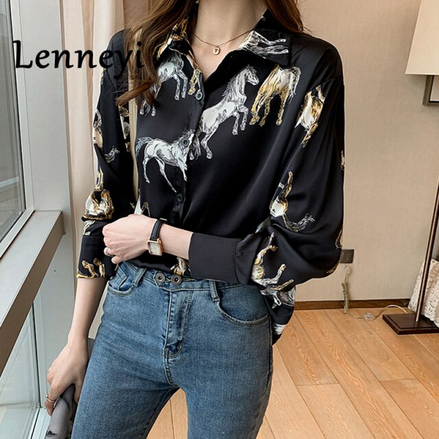 2021 Autumn Fashion Button Up Satin Silk Shirt Vintage Printed Blouse Women White Ladies Long Sleeve Female Loose Street Shirts