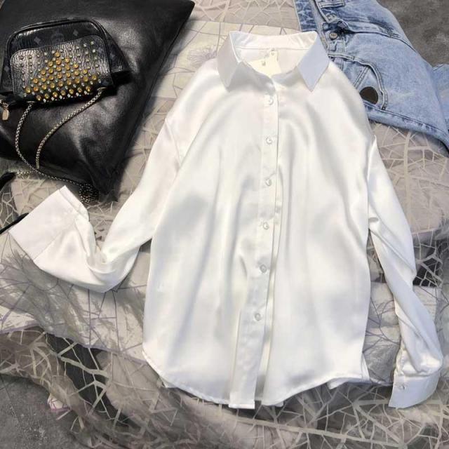 New Satin Silk Shirt Vintage Long Sleeve Blouse Elegant Women&