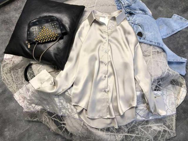New Satin Silk Shirt Vintage Long Sleeve Blouse Elegant Women&