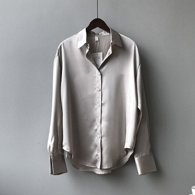 Korean Office Shirt Fashion Button Up Satin Silk Shirt Blouse Women  Vintage White Long Sleeve Shirts Tops Ladies Elegant