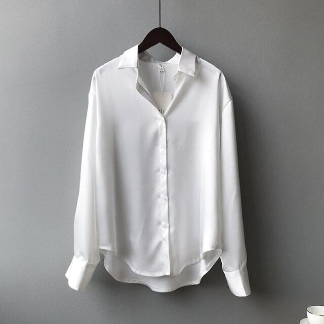 Camisa de oficina coreana, camisa de seda satinada abotonada a la moda, blusa para mujer, camisas de manga larga blancas Vintage, Tops elegantes para mujer