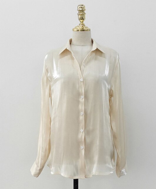 Autumn Fashion Button Up Satin Silk Shirt Vintage Blouse Women White Lady Street Shirts Long Sleeves Loose Tops Korean 11971